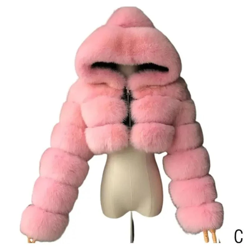 Winter Warm Fashion Hooded Faux Fur Coat Women S-3XL Furry Overcoat Elegant Plush Crop Jacket Femme Color Daily Casual - Image 10