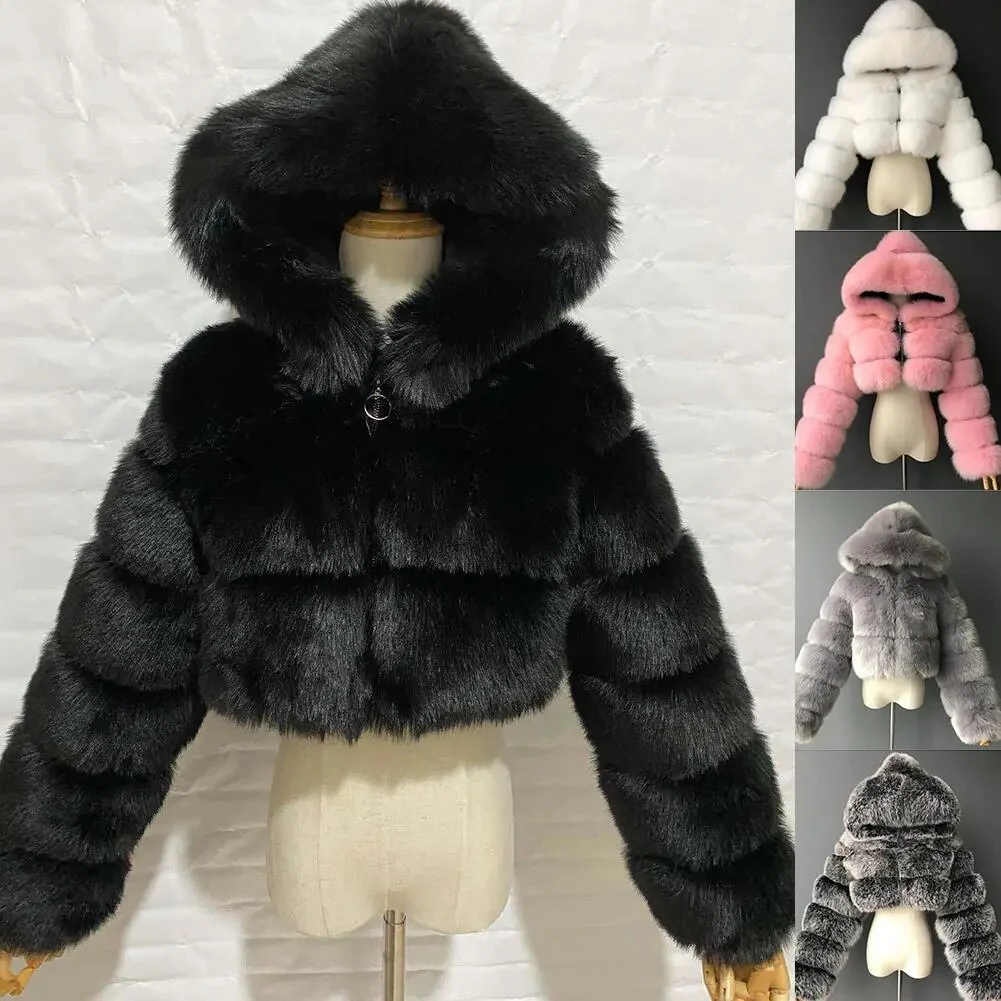 Winter Warm Fashion Hooded Faux Fur Coat Women S-3XL Furry Overcoat Elegant Plush Crop Jacket Femme Color Daily Casual - Image 2