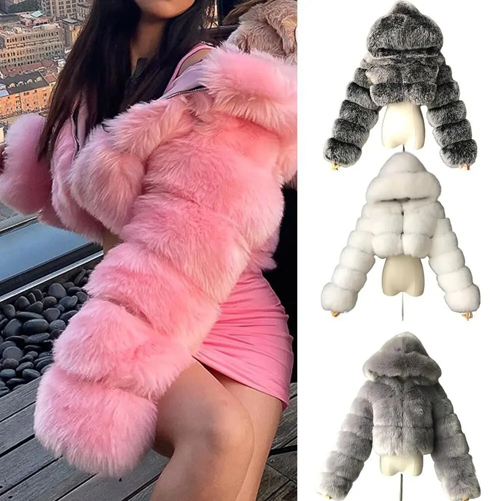 Winter Warm Fashion Hooded Faux Fur Coat Women S-3XL Furry Overcoat Elegant Plush Crop Jacket Femme Color Daily Casual - Image 3