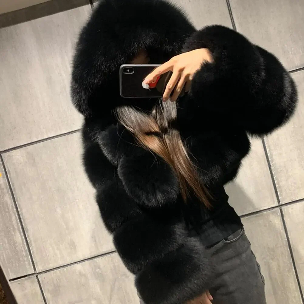Winter Warm Fashion Hooded Faux Fur Coat Women S-3XL Furry Overcoat Elegant Plush Crop Jacket Femme Color Daily Casual - Image 4