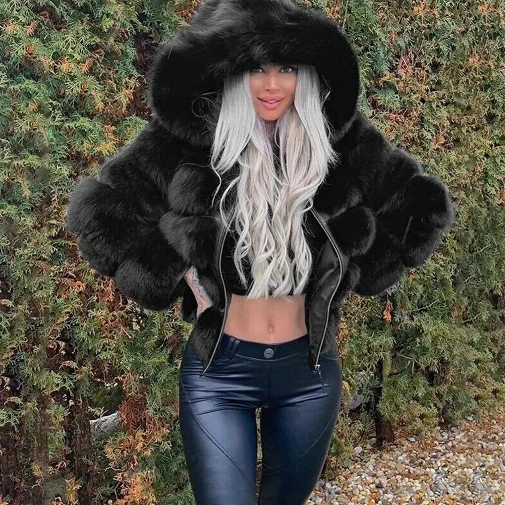 Winter Warm Fashion Hooded Faux Fur Coat Women S-3XL Furry Overcoat Elegant Plush Crop Jacket Femme Color Daily Casual - Image 5