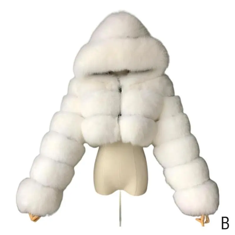 Winter Warm Fashion Hooded Faux Fur Coat Women S-3XL Furry Overcoat Elegant Plush Crop Jacket Femme Color Daily Casual - Image 7