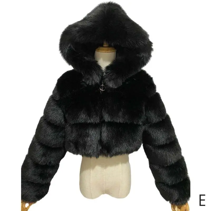 Winter Warm Fashion Hooded Faux Fur Coat Women S-3XL Furry Overcoat Elegant Plush Crop Jacket Femme Color Daily Casual - Image 8