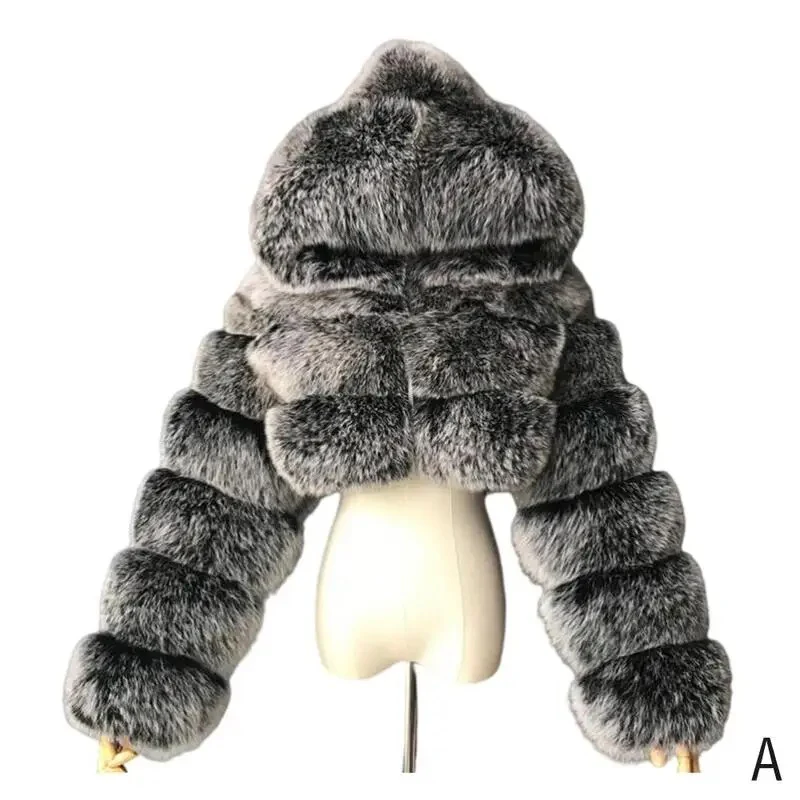 Winter Warm Fashion Hooded Faux Fur Coat Women S-3XL Furry Overcoat Elegant Plush Crop Jacket Femme Color Daily Casual - Image 9