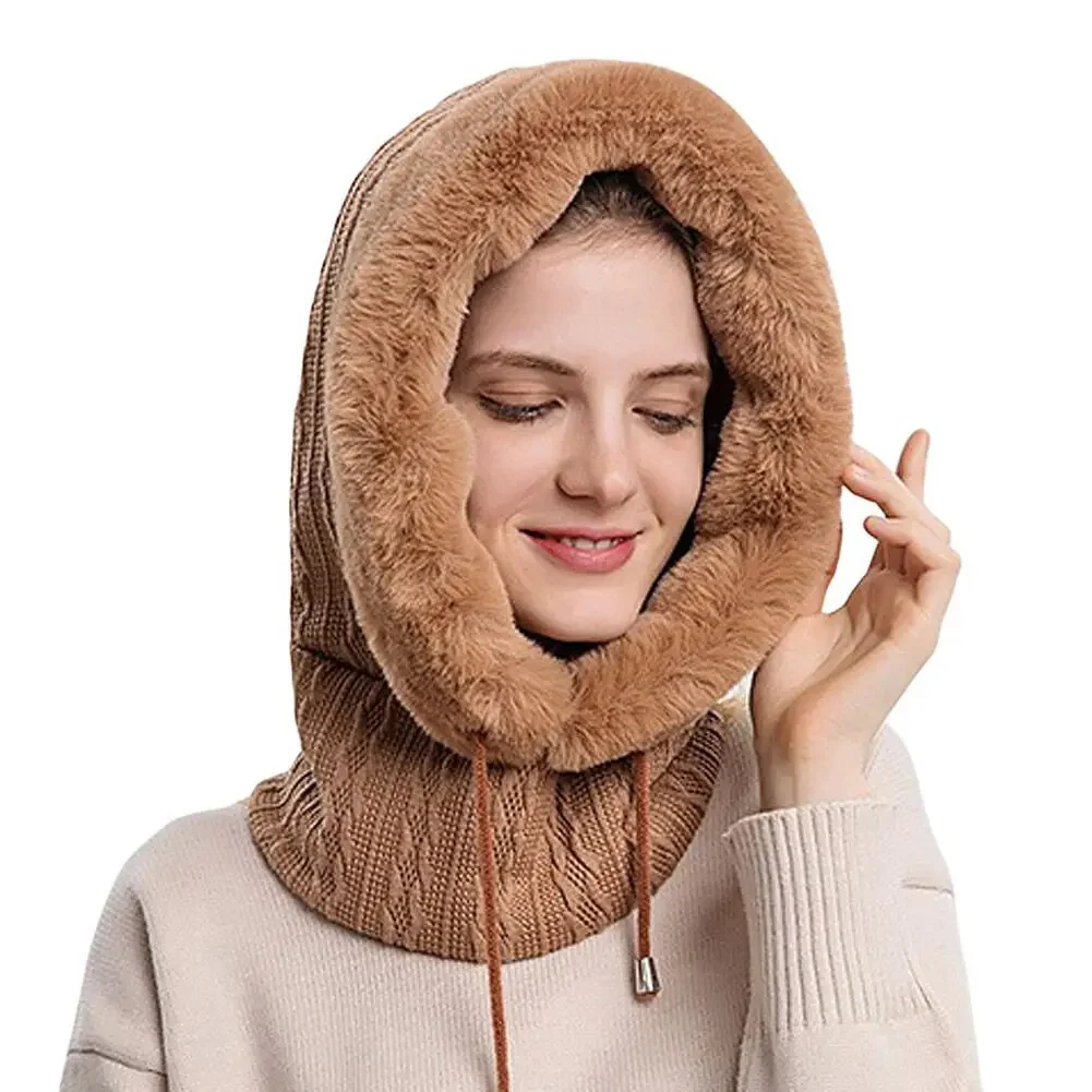 Winter Women 3in1 Knitted Ski Hat With Scarf Neck Warmer Fleece Lined Hood Face Mask Adult Balaclava For Outdoor Sports - Image 10
