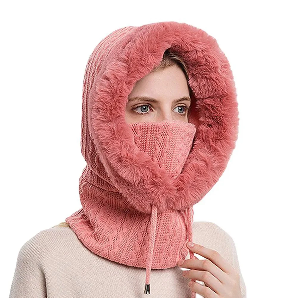 Winter Women 3in1 Knitted Ski Hat With Scarf Neck Warmer Fleece Lined Hood Face Mask Adult Balaclava For Outdoor Sports - Image 12
