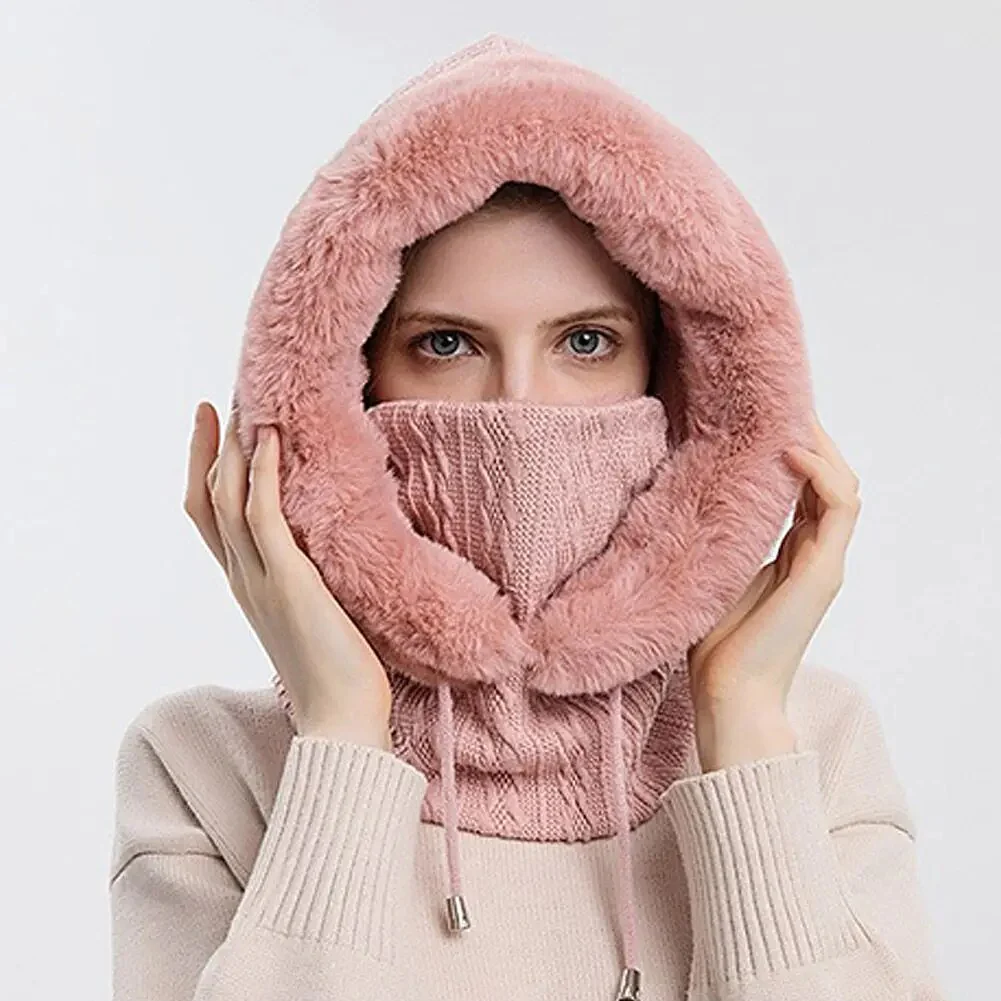 Winter Women 3in1 Knitted Ski Hat With Scarf Neck Warmer Fleece Lined Hood Face Mask Adult Balaclava For Outdoor Sports - Image 4