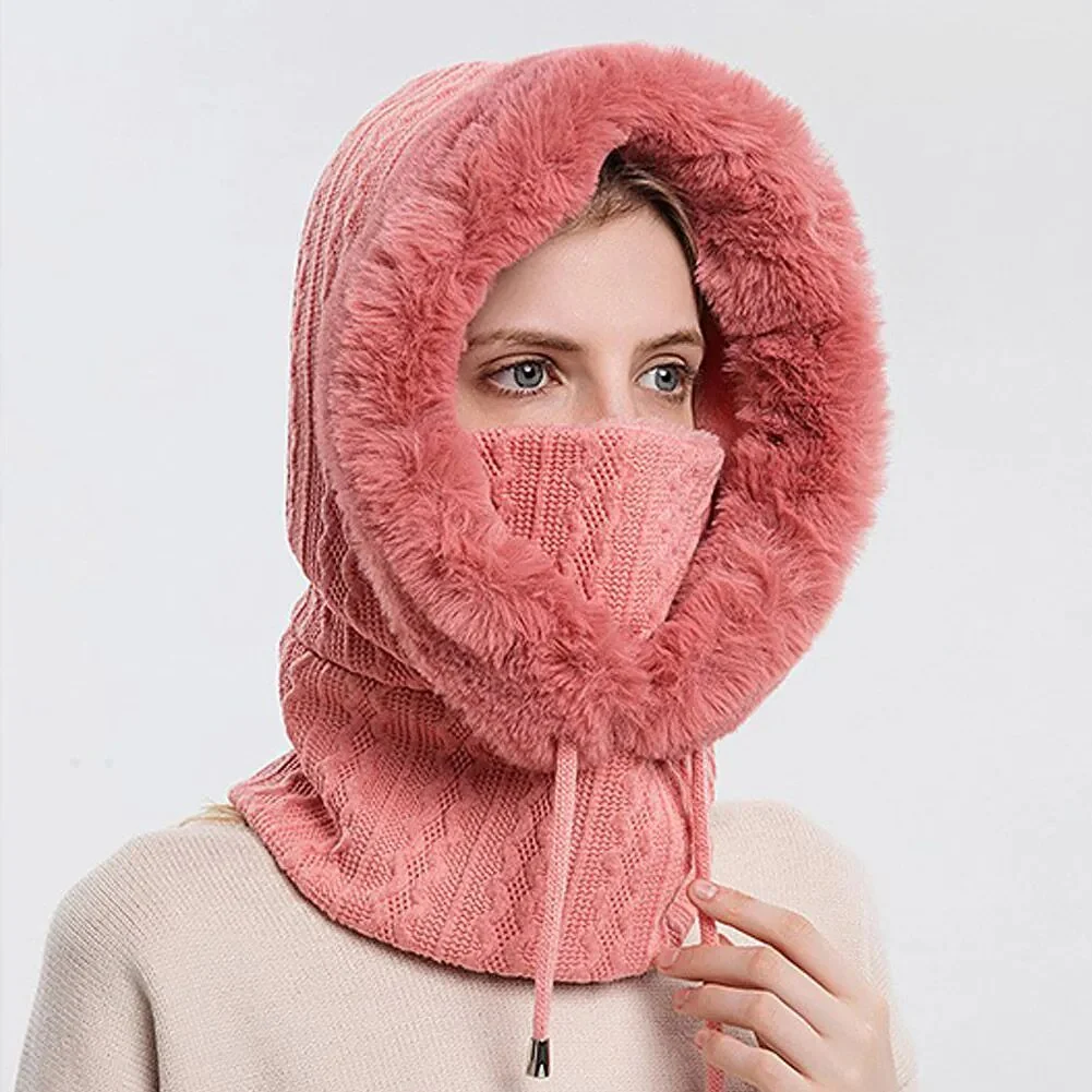 Winter Women 3in1 Knitted Ski Hat With Scarf Neck Warmer Fleece Lined Hood Face Mask Adult Balaclava For Outdoor Sports - Image 5
