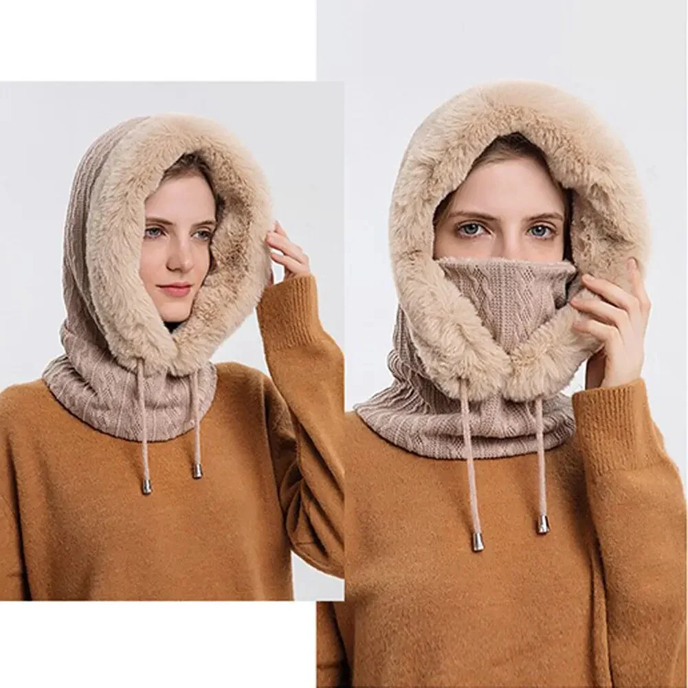 Winter Women 3in1 Knitted Ski Hat With Scarf Neck Warmer Fleece Lined Hood Face Mask Adult Balaclava For Outdoor Sports - Image 6