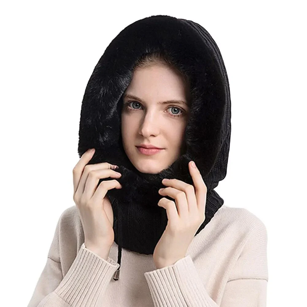 Winter Women 3in1 Knitted Ski Hat With Scarf Neck Warmer Fleece Lined Hood Face Mask Adult Balaclava For Outdoor Sports - Image 7