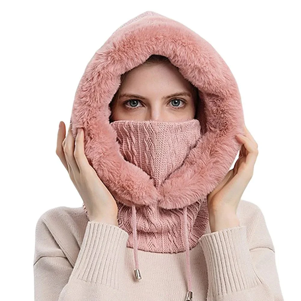 Winter Women 3in1 Knitted Ski Hat With Scarf Neck Warmer Fleece Lined Hood Face Mask Adult Balaclava For Outdoor Sports - Image 8