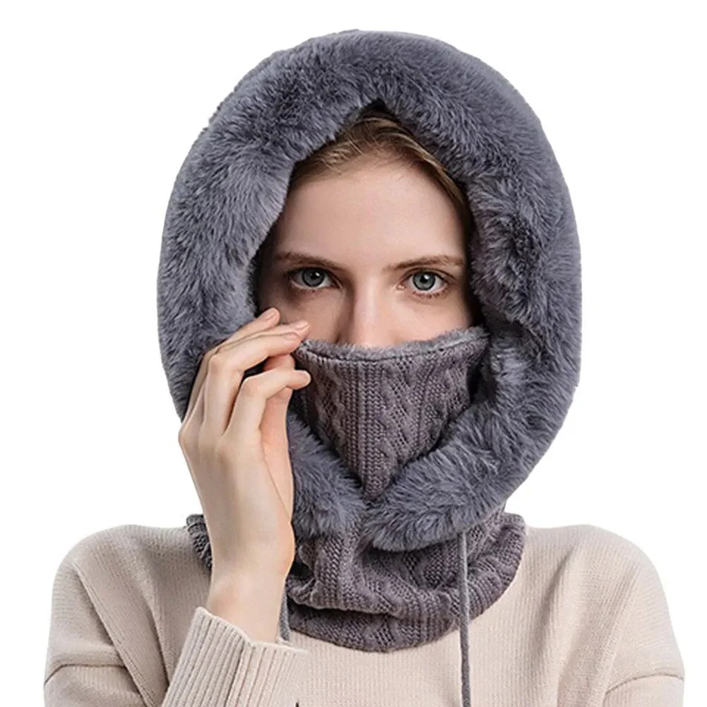 Winter Women 3in1 Knitted Ski Hat With Scarf Neck Warmer Fleece Lined Hood Face Mask Adult Balaclava For Outdoor Sports - Image 9