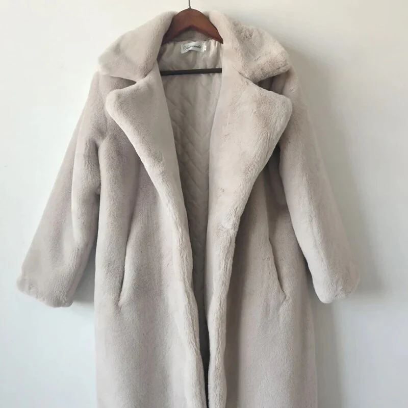Winter Women Faux Rabbit Fur Coat Lengthen knee Fur Coat Loose Lapel OverCoat Thick Warm fur coat Female Plush Coats - Image 6
