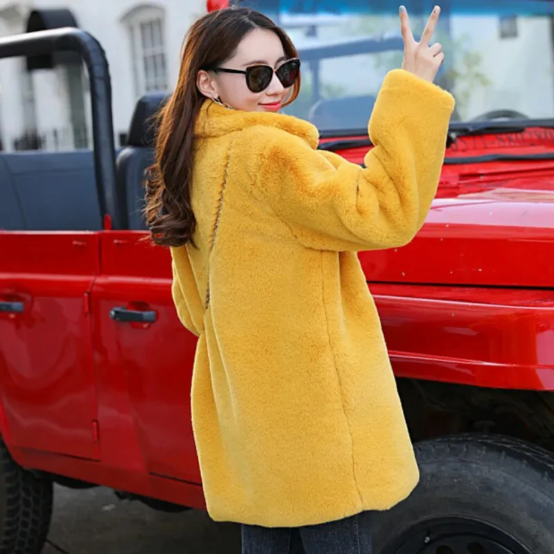 Winter Women High Quality Faux Rabbit Fur Coat Luxury Fur Coat Loose Lapel OverCoat Thick Warm Plus Size Female Plush Coats - Image 2