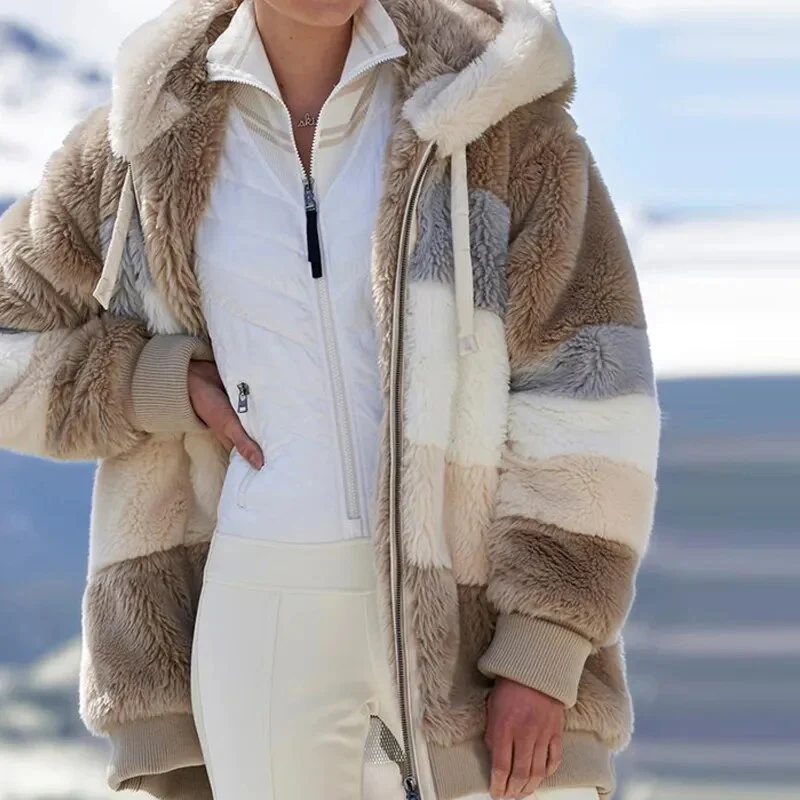 Winter Women Jacket Warm Plush Casual Loose Hooded Coat Mixed Color Patchwork Winter Outwear Faux Fur Zipper Ladies Parka Coat - Image 2