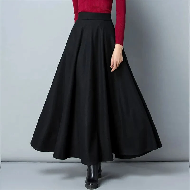 Winter Women Long Woolen Skirt Fashion High Waist Basic Wool Skirts Female Casual Thick Warm Elastic A-Line Maxi Skirts O839 - Image 2