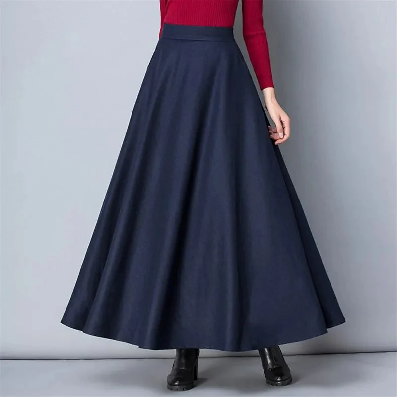 Winter Women Long Woolen Skirt Fashion High Waist Basic Wool Skirts Female Casual Thick Warm Elastic A-Line Maxi Skirts O839 - Image 3