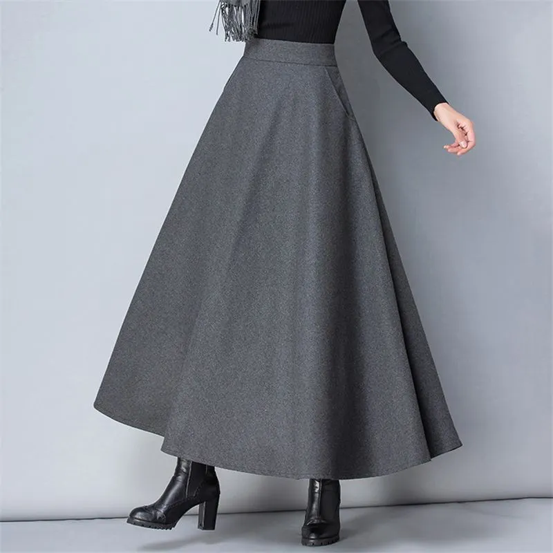 Winter Women Long Woolen Skirt Fashion High Waist Basic Wool Skirts Female Casual Thick Warm Elastic A-Line Maxi Skirts O839 - Image 8