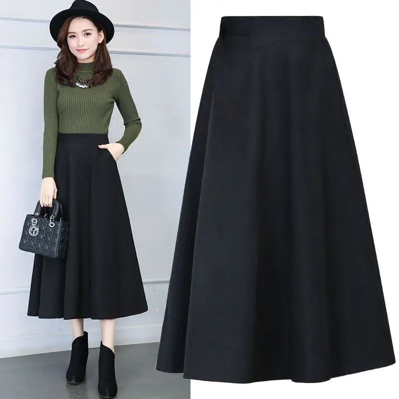 Winter Women Long Woolen Skirt Fashion High Waist Basic Wool Skirts Female Casual Thick Warm Elastic A-Line Maxi Skirts O839 - Image 9
