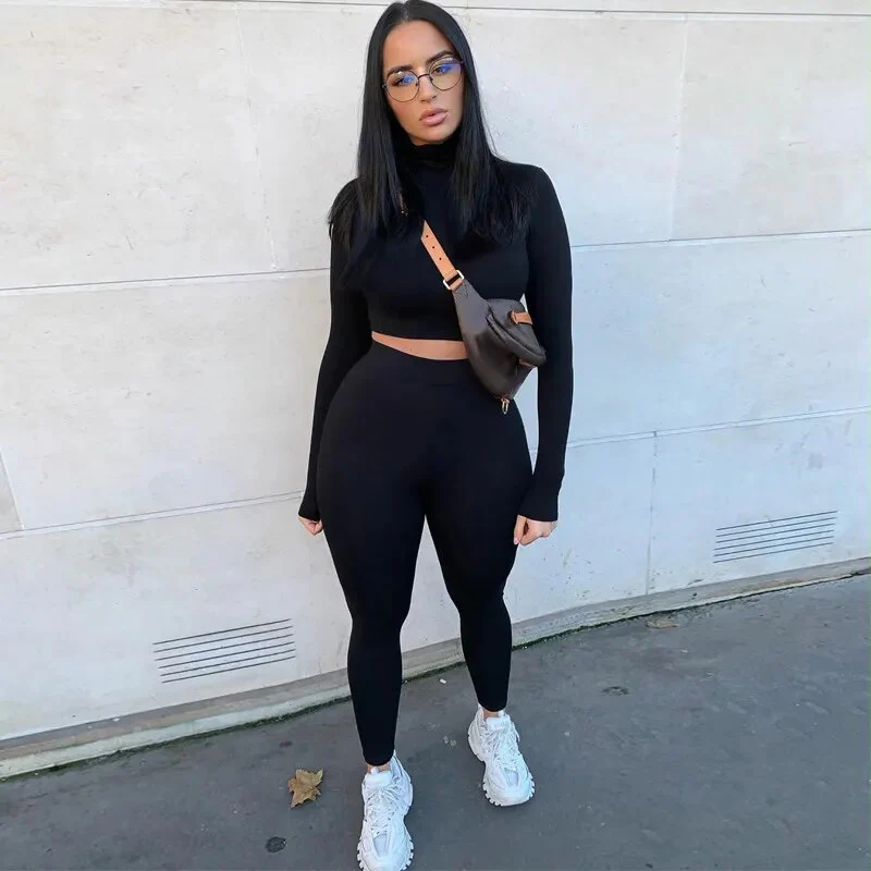 Winter Women Sport Fitness 2 Two Piece Set Outfits Long Sleeve Crop Tops Tshirt Leggings Pants Set Bodycon Tracksuits Women's - Image 2