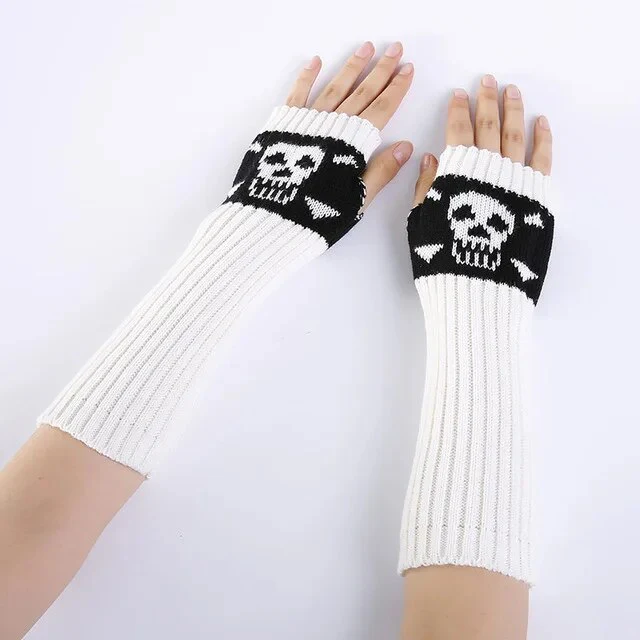Winter Women Warm Cute Cartoon Skull Fingerless Sleeves Mittens Female Acrylic Stretch Knit Half Finger Arm Warmers Gloves C83 - Image 13