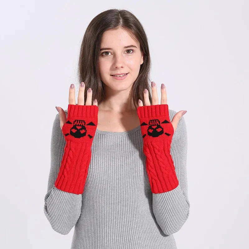 Winter Women Warm Cute Cartoon Skull Fingerless Sleeves Mittens Female Acrylic Stretch Knit Half Finger Arm Warmers Gloves C83 - Image 5