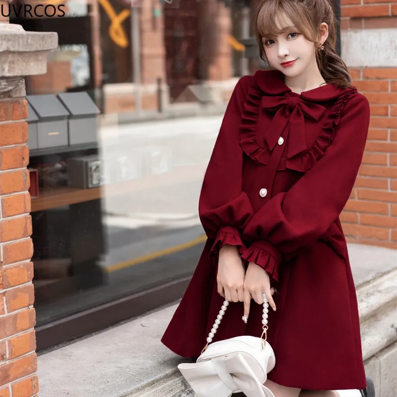 Winter Women's Woolen Coat Japanese Lolita Style Sweet Kawai Bow A-Line Loose Jackets Female Elegant Fall Korean Fashion Outwear - Image 4