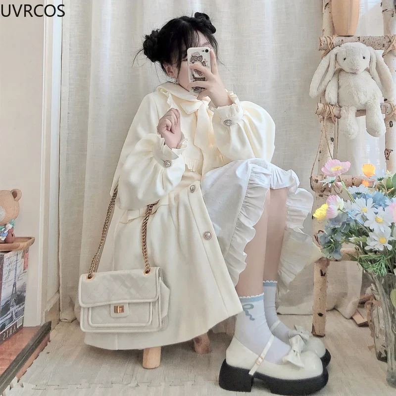 Winter Women's Woolen Coat Japanese Lolita Style Sweet Kawai Bow A-Line Loose Jackets Female Elegant Fall Korean Fashion Outwear - Image 5