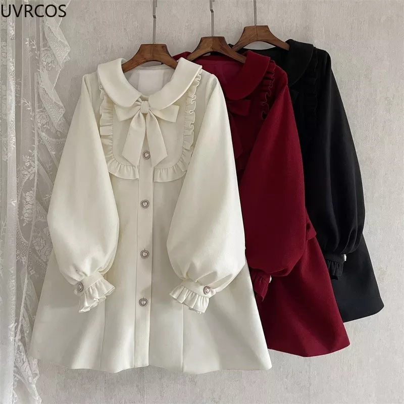 Winter Women's Woolen Coat Japanese Lolita Style Sweet Kawai Bow A-Line Loose Jackets Female Elegant Fall Korean Fashion Outwear - Image 6