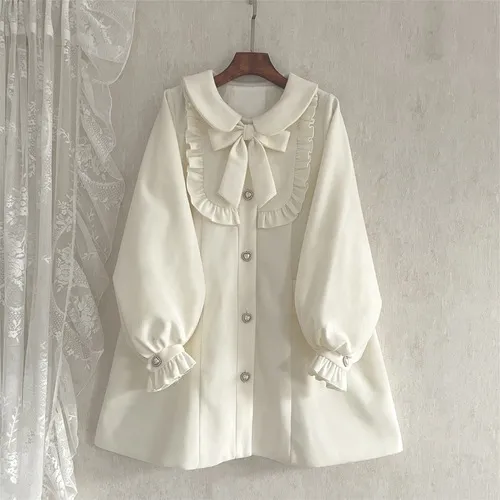 Winter Women's Woolen Coat Japanese Lolita Style Sweet Kawai Bow A-Line Loose Jackets Female Elegant Fall Korean Fashion Outwear - Image 7