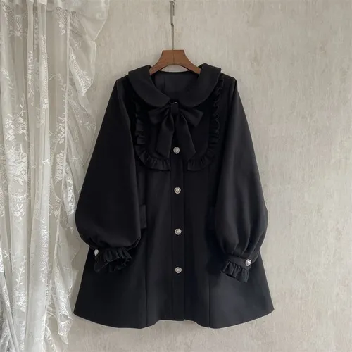 Winter Women's Woolen Coat Japanese Lolita Style Sweet Kawai Bow A-Line Loose Jackets Female Elegant Fall Korean Fashion Outwear - Image 8
