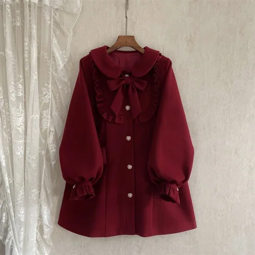 Winter Women's Woolen Coat Japanese Lolita Style Sweet Kawai Bow A-Line Loose Jackets Female Elegant Fall Korean Fashion Outwear - Image 9