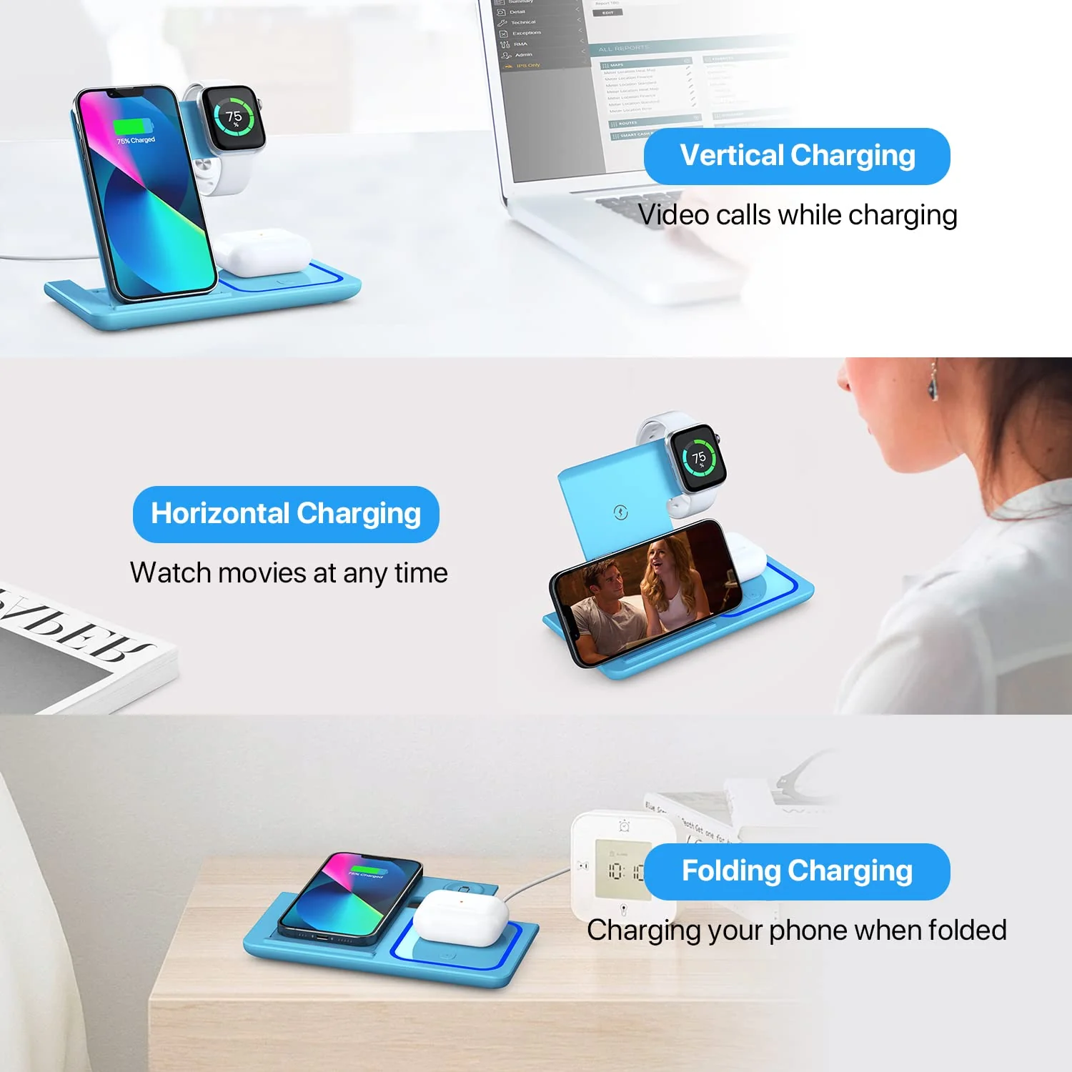 Wireless Charging Station, 3 in 1 Wireless Charger Stand, Fast Wireless Charging Dock for iPhone15 14 13 12 11 Pro/X/Max/XS/XR/8/Plus, for Apple Watch8/7/6/5/4/3/2/SE, for Airpods 3/2/Pro(Blue) - Image 2