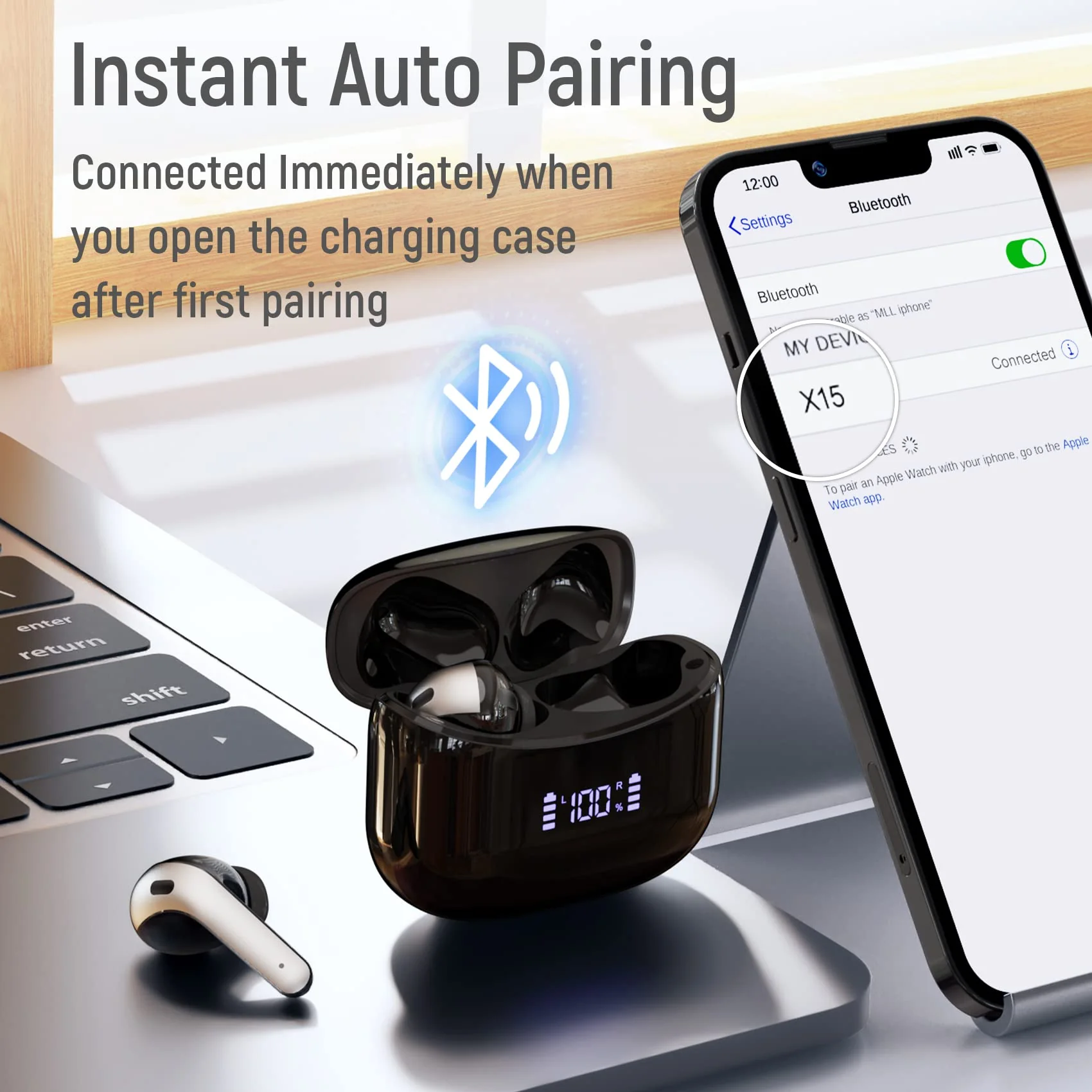 Wireless Earbuds Bluetooth Headphones 60H Playtime Ear Buds with LED Power Display Charging Case Earphones in-Ear Earbud with Microphone for Android Cell Phone Gaming Computer Laptop Sport Black - Image 3