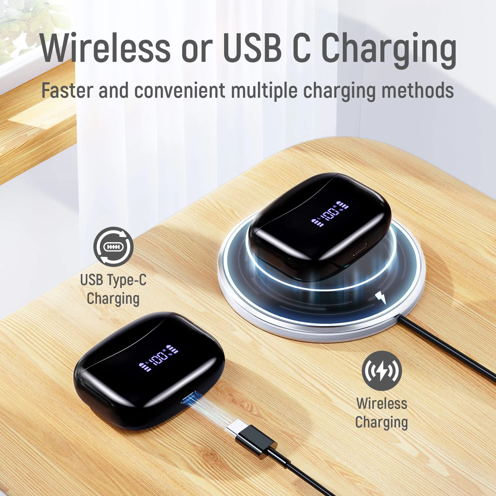 Wireless Earbuds Bluetooth Headphones 60H Playtime Ear Buds with LED Power Display Charging Case Earphones in-Ear Earbud with Microphone for Android Cell Phone Gaming Computer Laptop Sport Black - Image 5