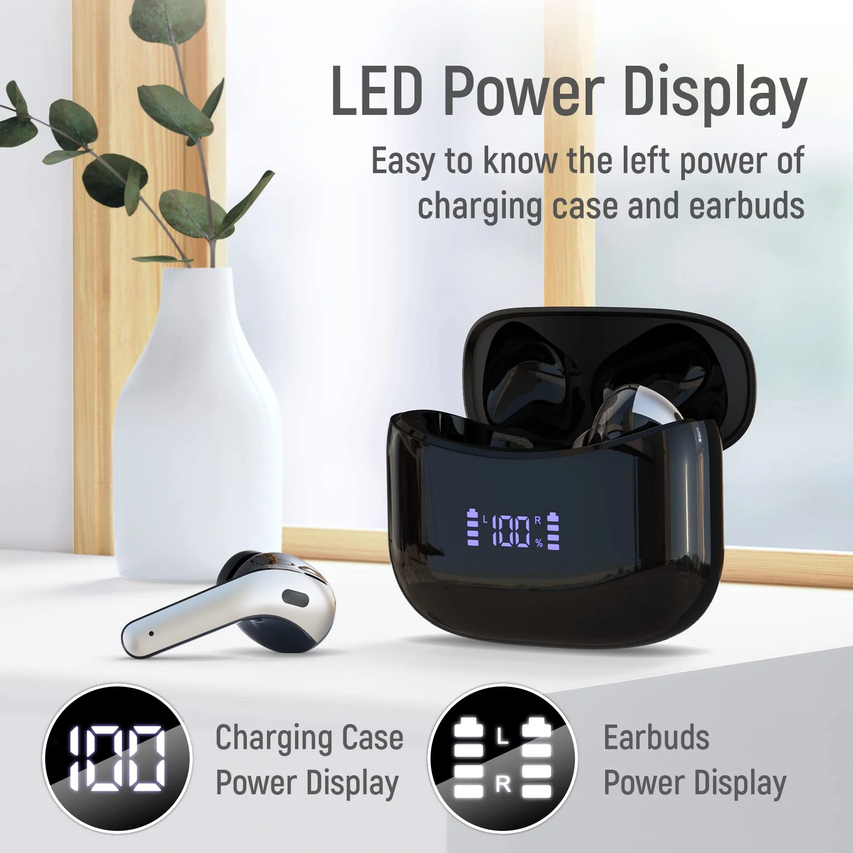Wireless Earbuds Bluetooth Headphones 60H Playtime Ear Buds with LED Power Display Charging Case Earphones in-Ear Earbud with Microphone for Android Cell Phone Gaming Computer Laptop Sport Black - Image 6
