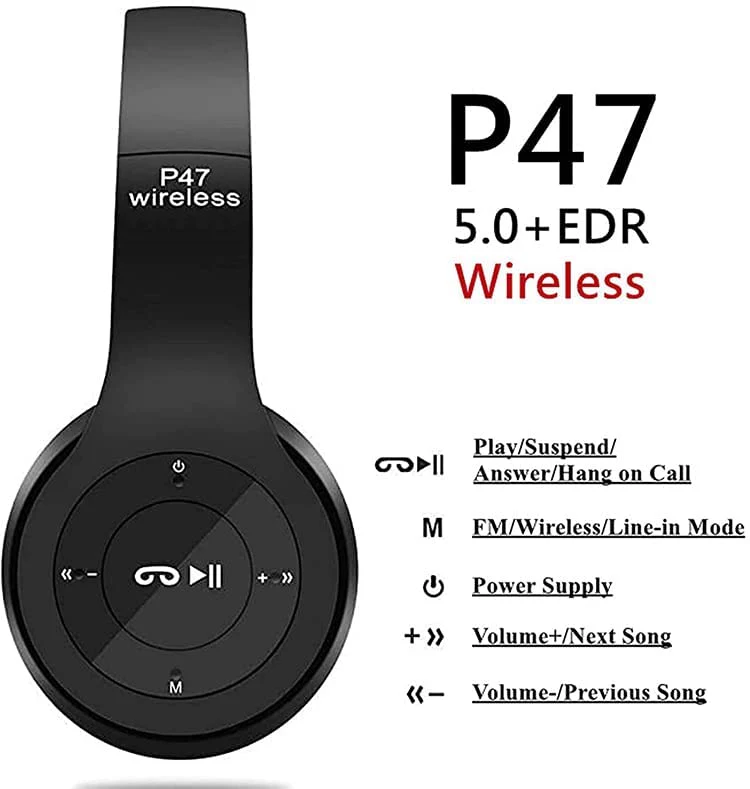 Wireless Headphones Over Ear P47 Super Bass 5.1, Volume Control, Bluetooth, Card Support SD, LED Lights, Compatible with Apple & Android, Built-in Microphone, FM Radio - Image 2