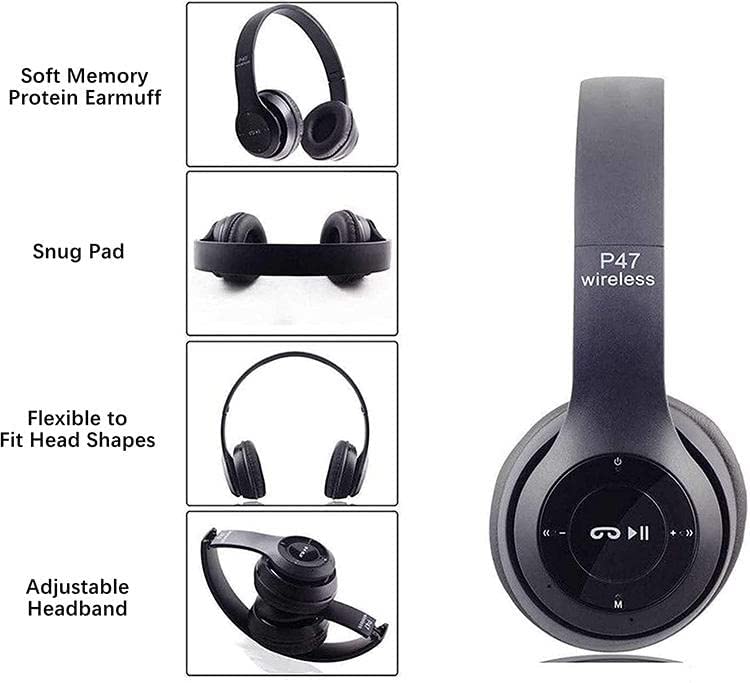 Wireless Headphones Over Ear P47 Super Bass 5.1, Volume Control, Bluetooth, Card Support SD, LED Lights, Compatible with Apple & Android, Built-in Microphone, FM Radio - Image 3