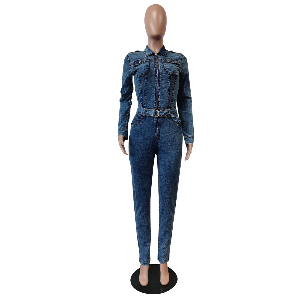 With Stretch Fashion Denim Jumpsuit &Rompers Women Clothing Long Sleeve Jeans Jumpsuit with Belt - Image 5