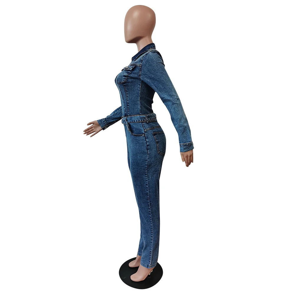 With Stretch Fashion Denim Jumpsuit &Rompers Women Clothing Long Sleeve Jeans Jumpsuit with Belt - Image 6