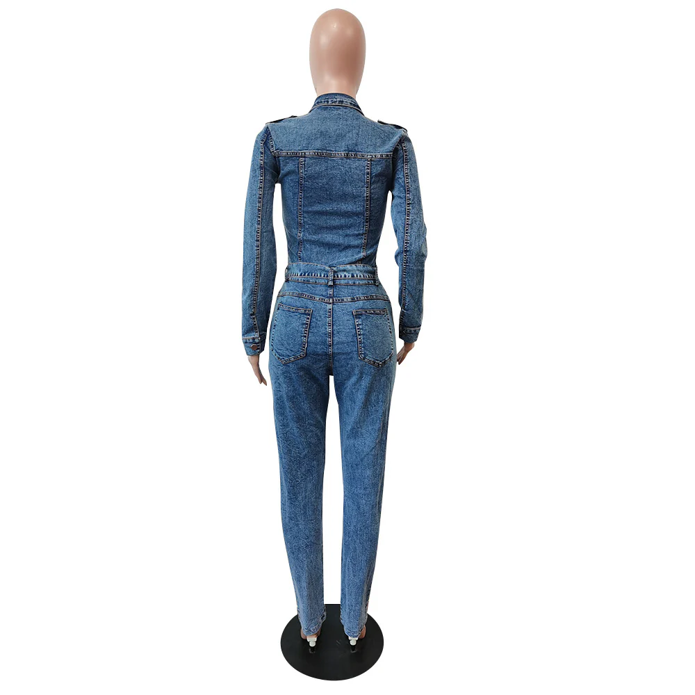 With Stretch Fashion Denim Jumpsuit &Rompers Women Clothing Long Sleeve Jeans Jumpsuit with Belt - Image 7