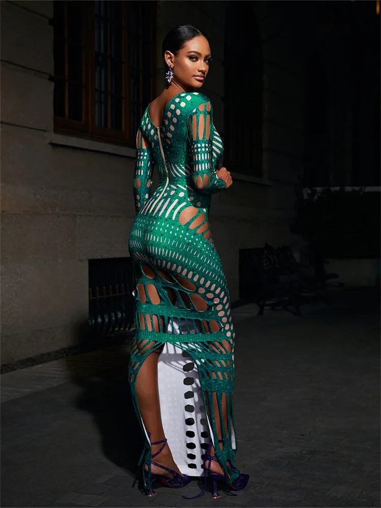 WJFZQM See Through Deep V Neck Long Sleeve Women's Maxi Prom Dress Diamond Hollow Out Sexy Party Evening Dresses 2023 Summer - Image 3