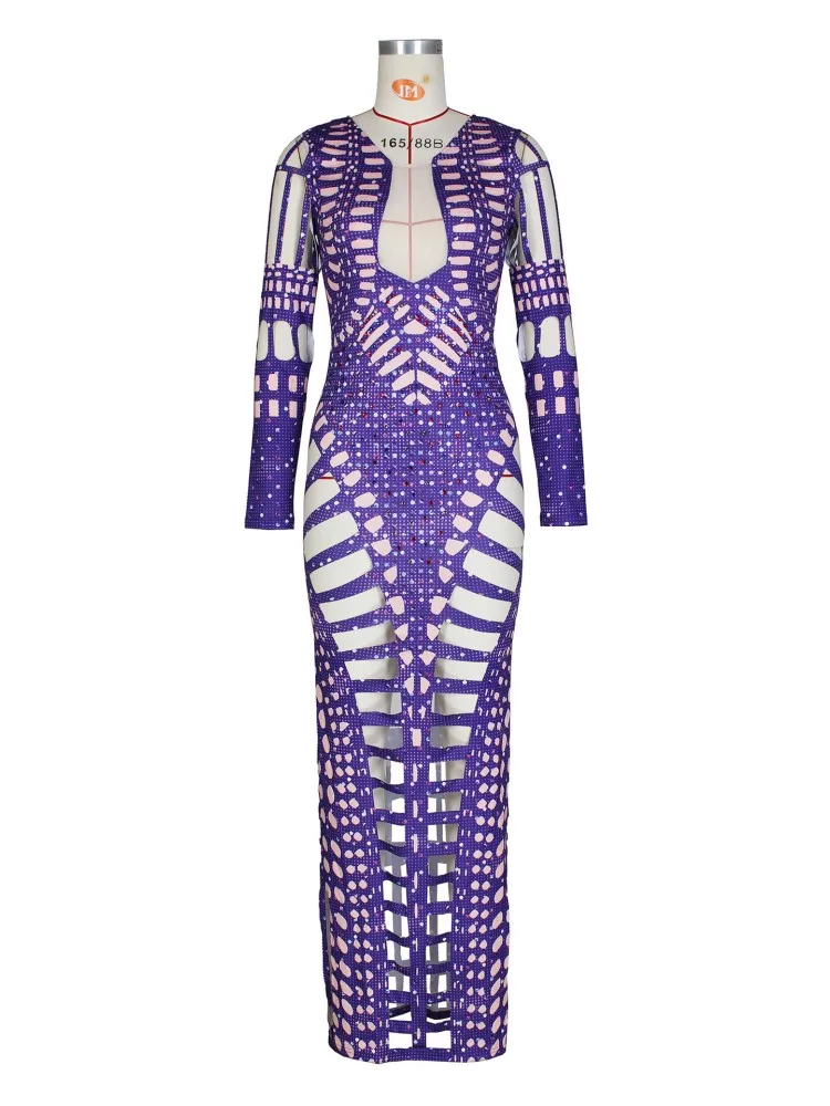 WJFZQM See Through Deep V Neck Long Sleeve Women's Maxi Prom Dress Diamond Hollow Out Sexy Party Evening Dresses 2023 Summer - Image 6