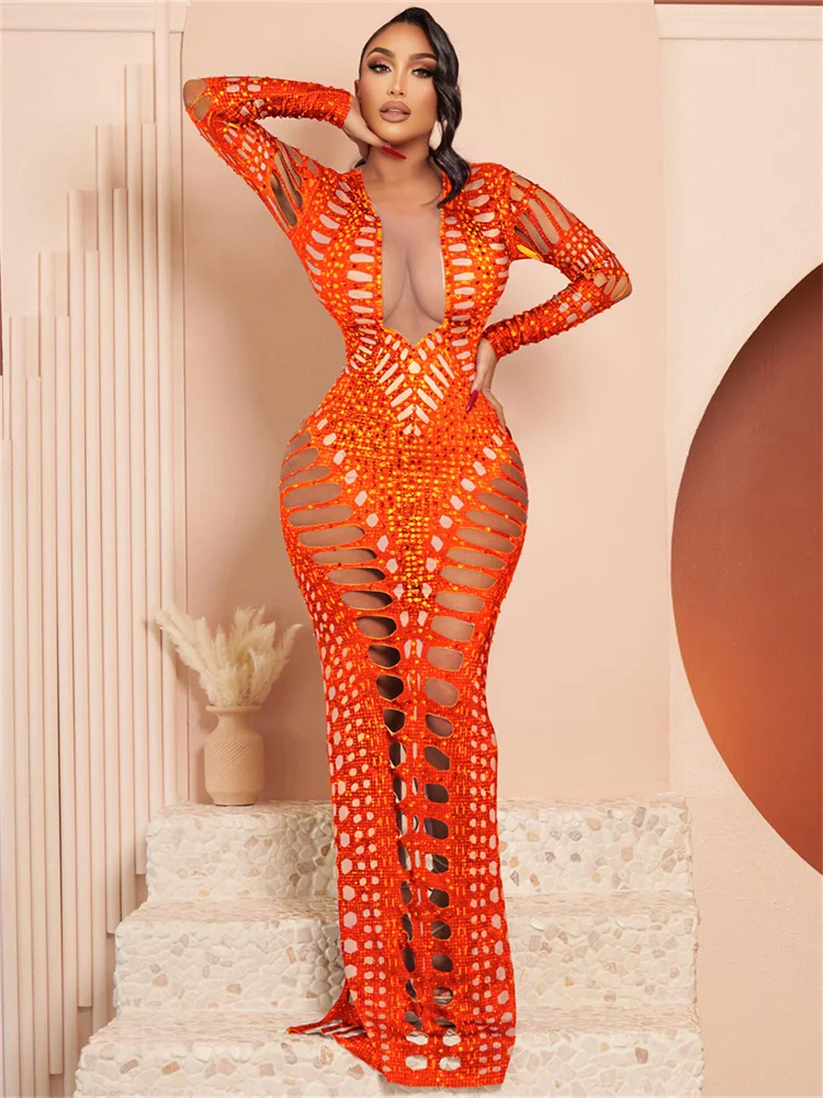 WJFZQM See Through Deep V Neck Long Sleeve Women's Maxi Prom Dress Diamond Hollow Out Sexy Party Evening Dresses 2023 Summer - Image 8