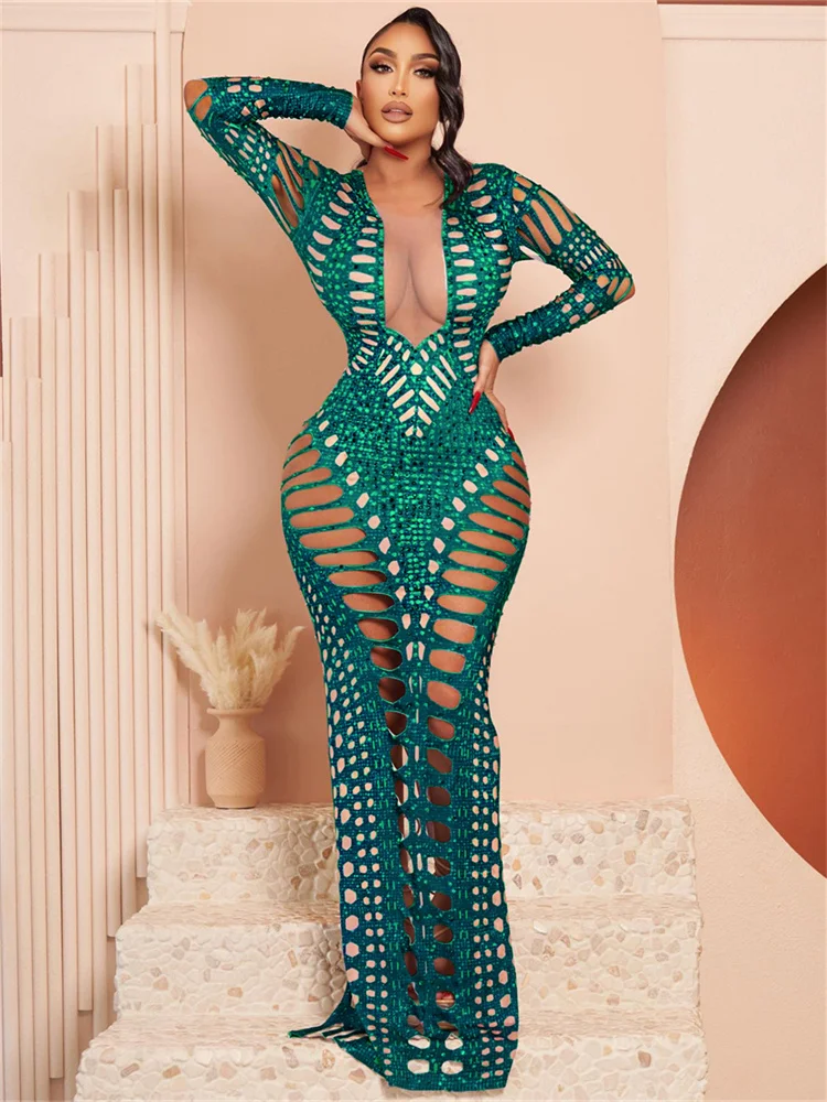 WJFZQM See Through Deep V Neck Long Sleeve Women's Maxi Prom Dress Diamond Hollow Out Sexy Party Evening Dresses 2023 Summer - Image 9