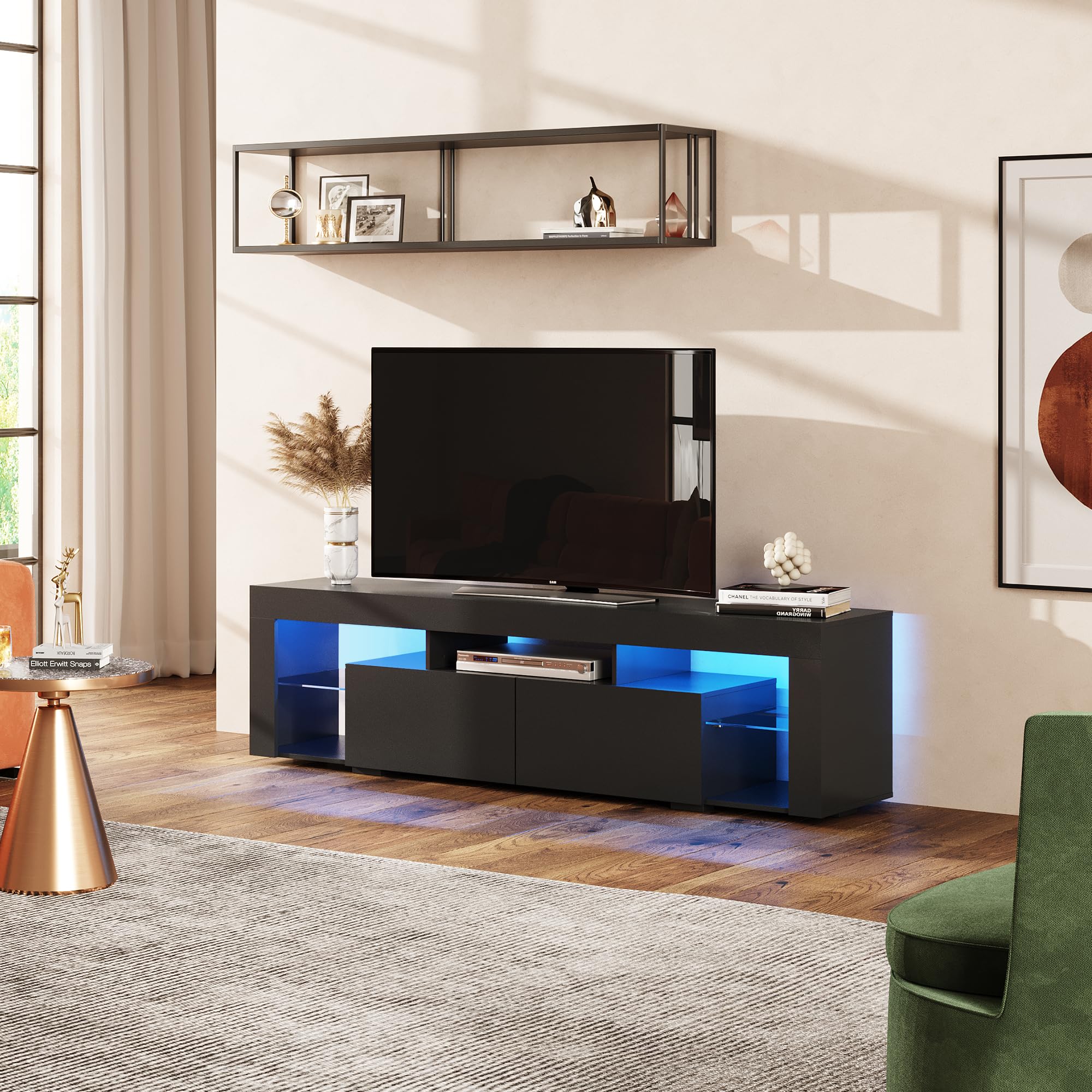 WLIVE 63 in TV Stand for 55/60/65/70 Inch TVs, Modern Entertainment Center with Open Shelves, Wood TV Console with 2 Storage Drawers, Black - Image 2