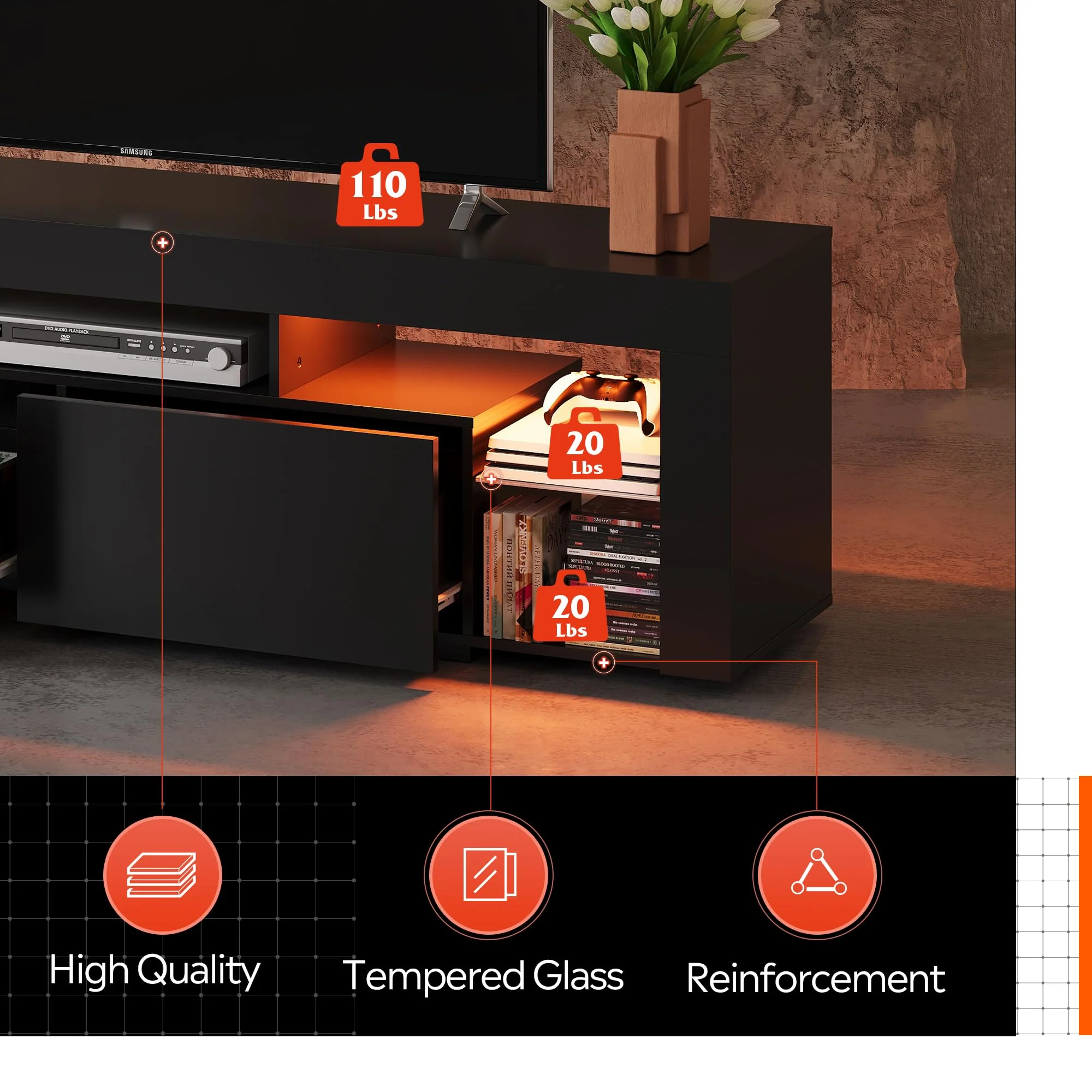 WLIVE 63 in TV Stand for 55/60/65/70 Inch TVs, Modern Entertainment Center with Open Shelves, Wood TV Console with 2 Storage Drawers, Black - Image 6
