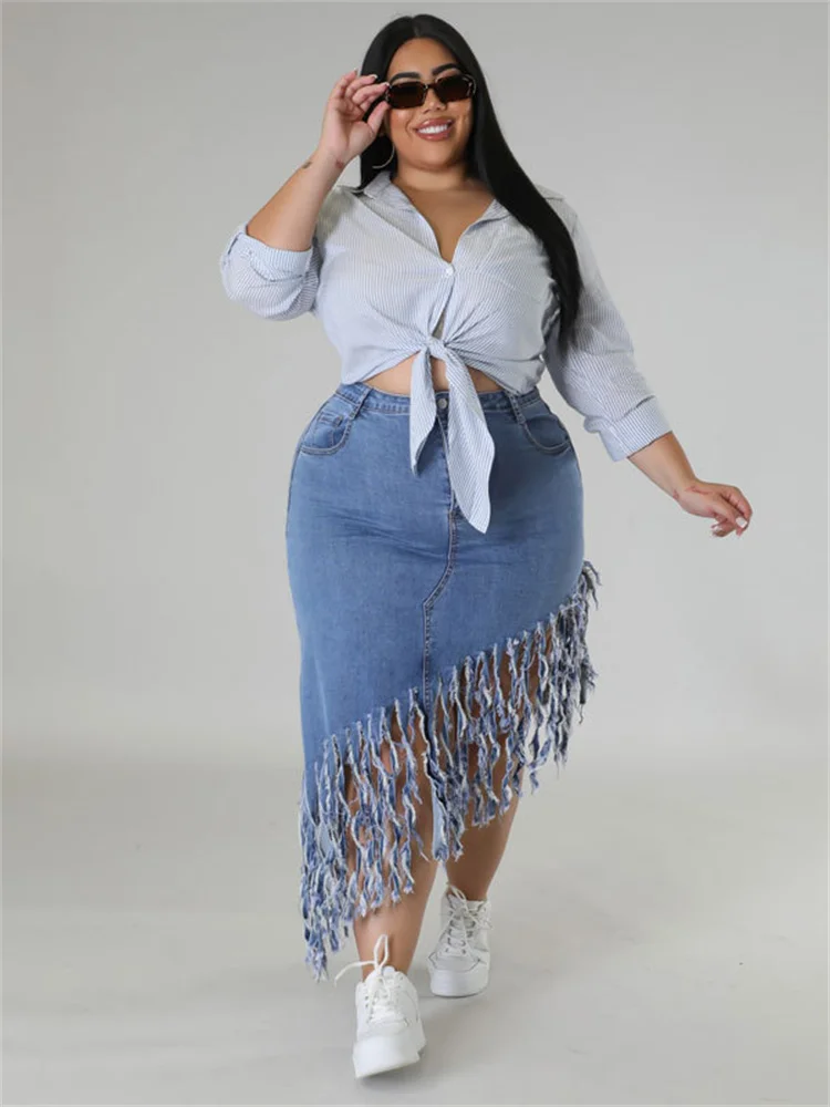 Wmstar Plus Size Only Skirts Women's Clothing Denim Maxi with Tassel Sexy Bodycon New In Outfits Wholesale Dropshipping 2023 - Image 7