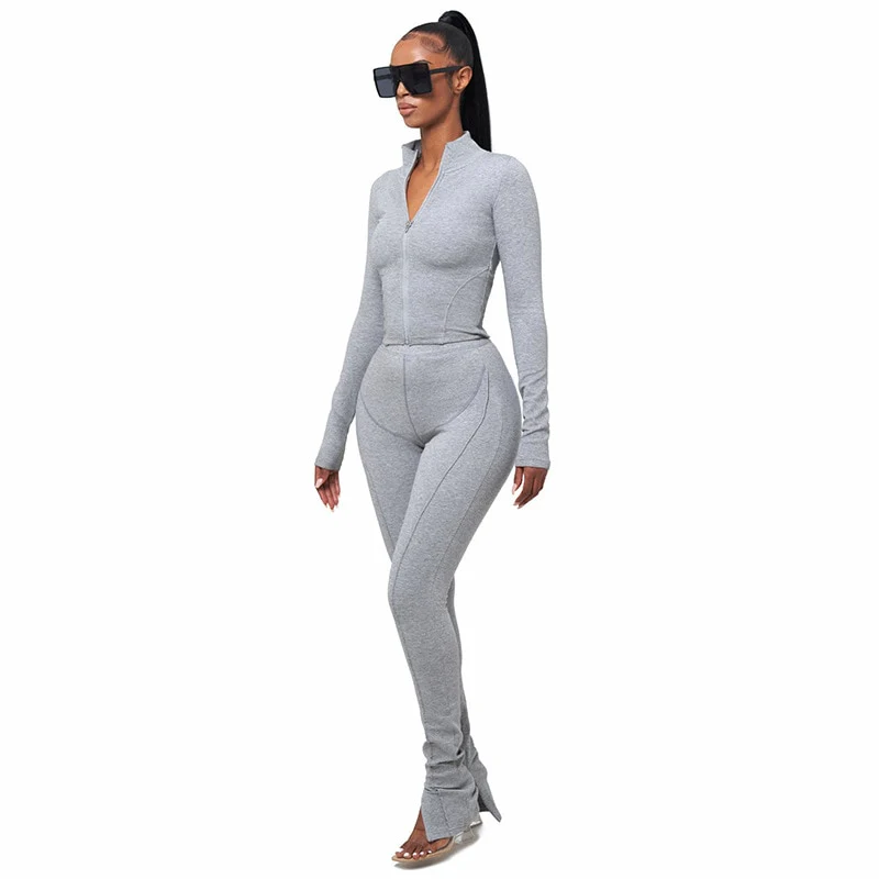 Woman 2pcs Suit Solid Color Stripes stitching Long Sleeve Zipper Hoodies+Pencil Pant S-L 3Color - Image 3
