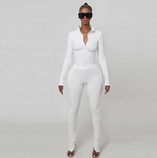 Woman 2pcs Suit Solid Color Stripes stitching Long Sleeve Zipper Hoodies+Pencil Pant S-L 3Color - Image 4